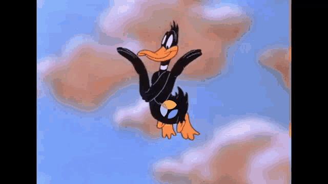 a cartoon duck is flying through the air with his arms outstretched in a cloudy sky .