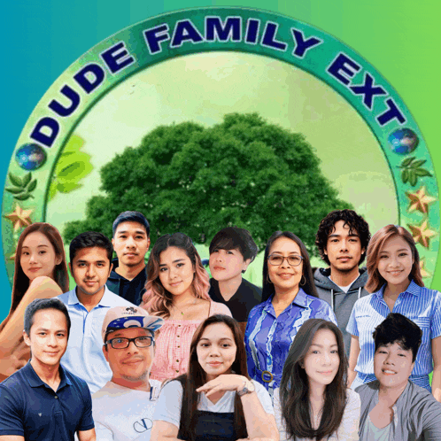 a group of people are posing in front of a dude family ext logo