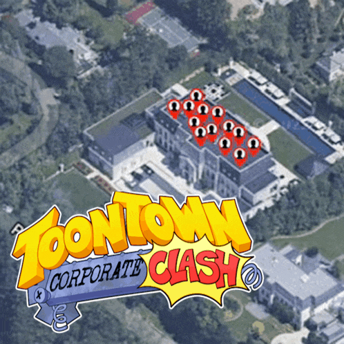 an aerial view of a large house with a toontown corporate clash logo in front of it
