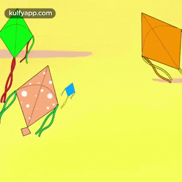 three kites are flying in the air and the website kulfyapp.com is displayed