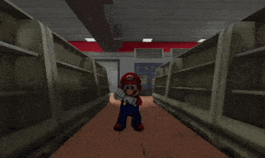 a mario video game character is standing in a store