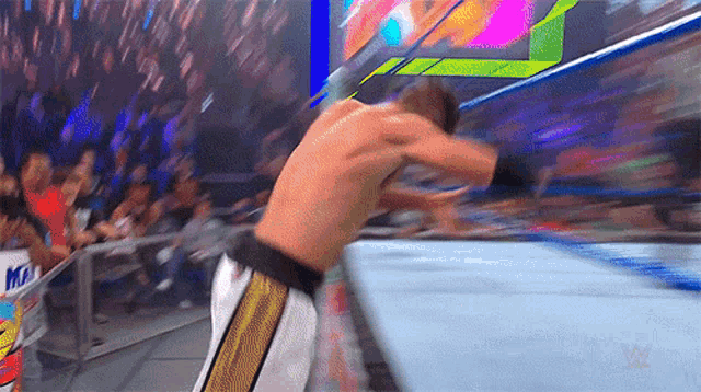 a man is wrestling in a ring with a crowd in the background .