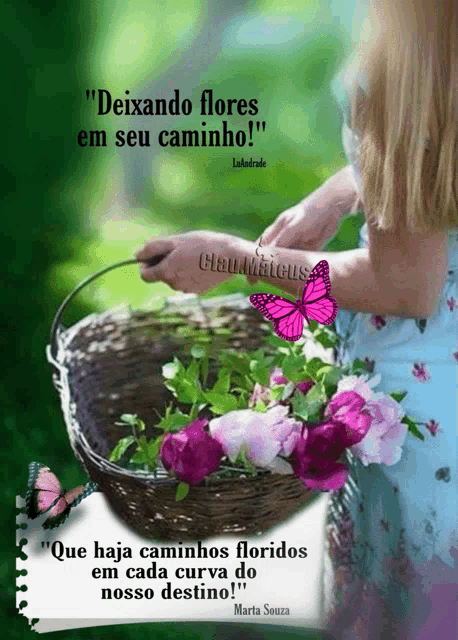 a picture of a girl holding a basket of flowers with a quote in spanish