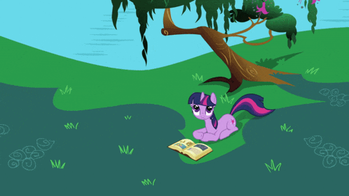 twilight sparkle is laying under a tree reading a book