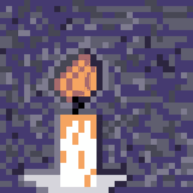 a pixel art drawing of a candle with a purple background .