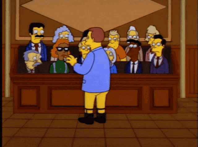 a cartoon of a man standing in front of a group of cartoon characters