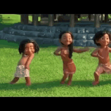 a group of cartoon characters are dancing in a field .