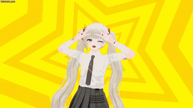 a girl with white hair and red eyes is making a funny face on a yellow background