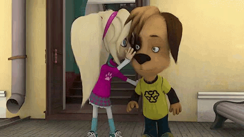 a cartoon dog and a girl are standing next to each other . the girl is touching the dog 's nose .
