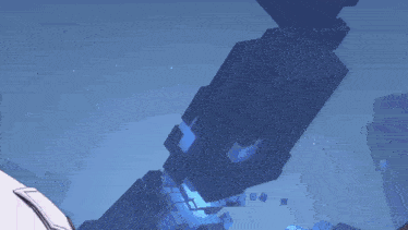 a person with purple hair is standing in front of a blue cube in a video game