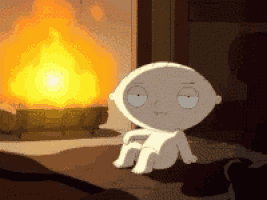 a cartoon character sitting in front of a fire