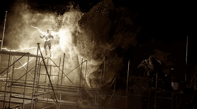 a man is being struck by lightning while standing on a scaffold