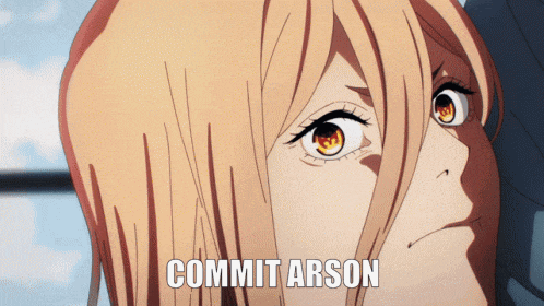 a close up of a girl 's face with the words commit arson written below her