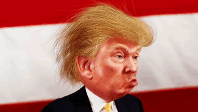 donald trump is wearing a suit and tie and making a funny face in front of a flag .