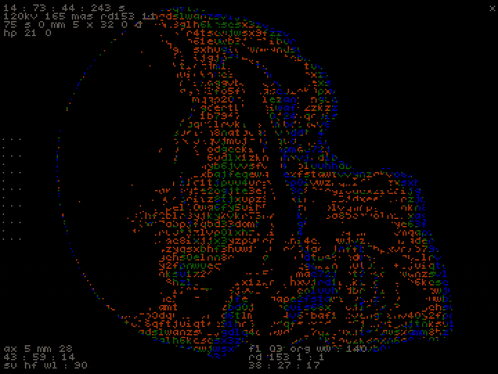 a computer screen shows a skull made up of numbers and letters