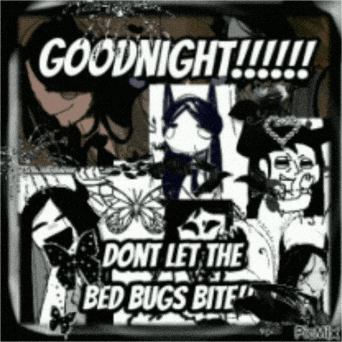 a black and white poster that says goodnight and does n't let the bed bugs bite