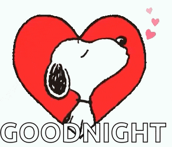 snoopy is hugging a red heart with the words `` goodnight '' below it .