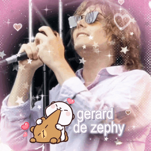 a picture of a man singing into a microphone with the name gerard de zephyr on the bottom