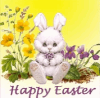 a happy easter card with a bunny and flowers on a yellow background