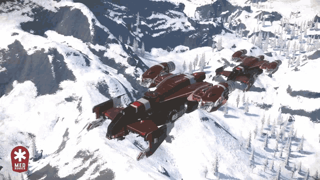 a red and black airplane is flying over a snowy mountain range