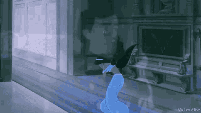 a cartoon of a woman kneeling in front of a fireplace with michon elise written at the bottom
