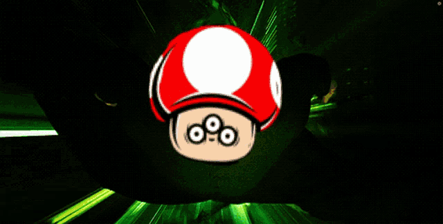 a cartoon character with a red mushroom on his head with a white circle in the middle