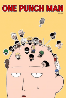 a poster for one punch man shows a man surrounded by cartoon characters on his head