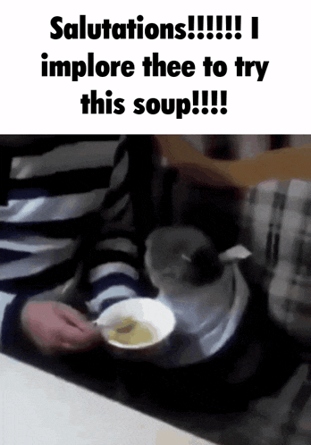 a person is holding a bowl of soup with the words salutations implore thee to try this soup written on the bottom