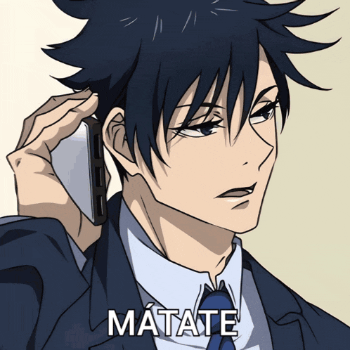 a man in a suit and tie is talking on a cell phone with matate written on the bottom