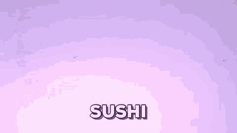 a young man is standing in front of a purple background with the word sushi written on it .