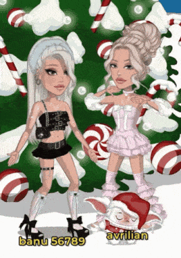 two cartoon girls are standing in front of a candy cane tree and the numbers banu 567899 and avrilian are on the bottom