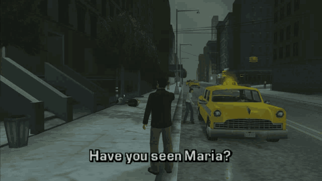 a man walking down a street with the words have you seen maria on the bottom right