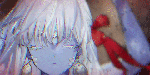 a close up of a white haired anime girl with a red bow on her neck .
