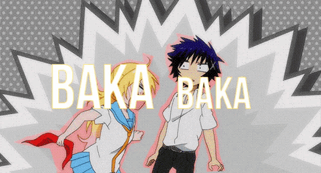 a boy and a girl are standing next to each other with baka baka written in yellow