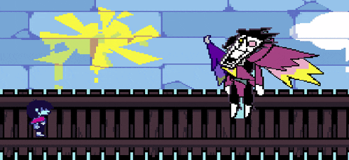 a pixel art of a cartoon character standing on a railing