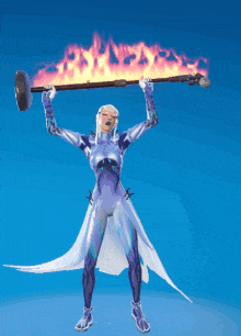 a woman is holding a torch over her head with flames coming out of it