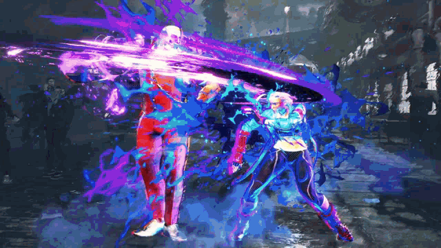 a painting of a man and a woman with purple splashes