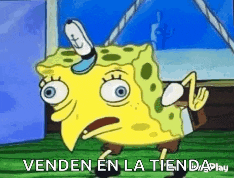 a cartoon of spongebob squarepants with a surprised look on his face and the words venden en la tiendaplay written below him