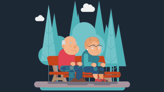 an illustration of two elderly people sitting on a park bench