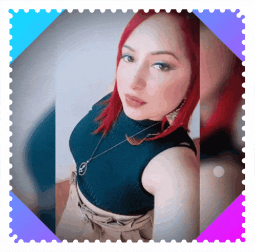 a picture of a woman with red hair is surrounded by a blue and pink frame