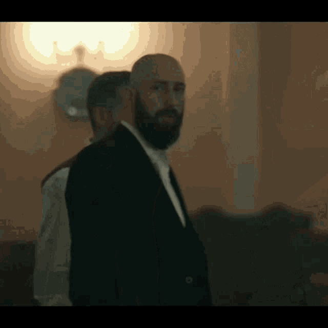 a bald man with a beard is wearing a suit and tie
