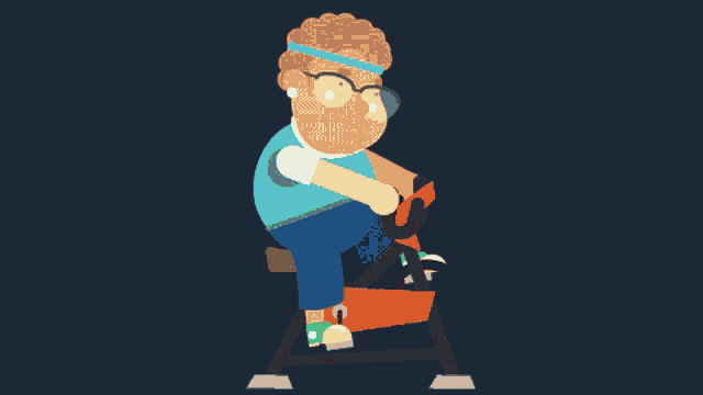 a cartoon of a man wearing glasses and a headband riding an exercise bike