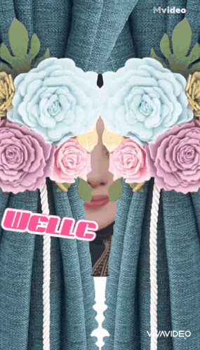 a woman is behind a curtain with flowers on her face and the words welc in pink letters