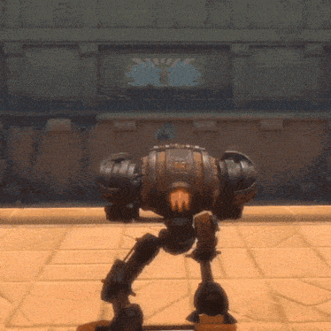 a robot with a barrel on its back has the number 55 on it