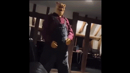 a person in a teddy bear costume is standing in front of a fence .