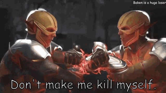 a man in a superhero costume says " don 't make me kill myself " to another man