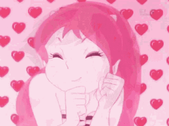 a girl with pink hair is surrounded by pink hearts on a pink background which says tokyo