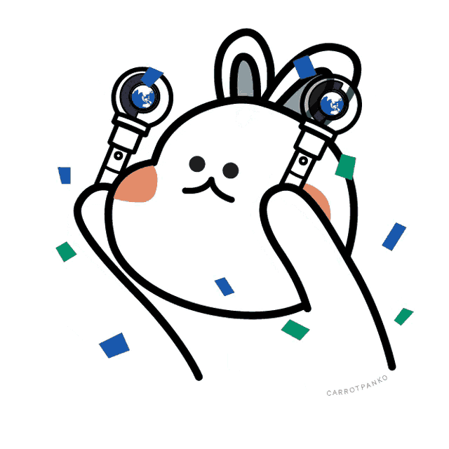 a cartoon drawing of a rabbit holding a pair of microphones