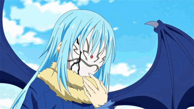 a blue haired anime character with a dragon wing