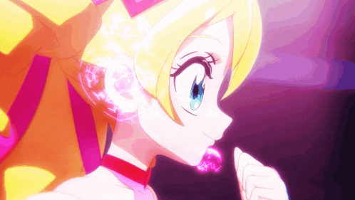 a girl with blonde hair and blue eyes is holding a pink heart in her mouth